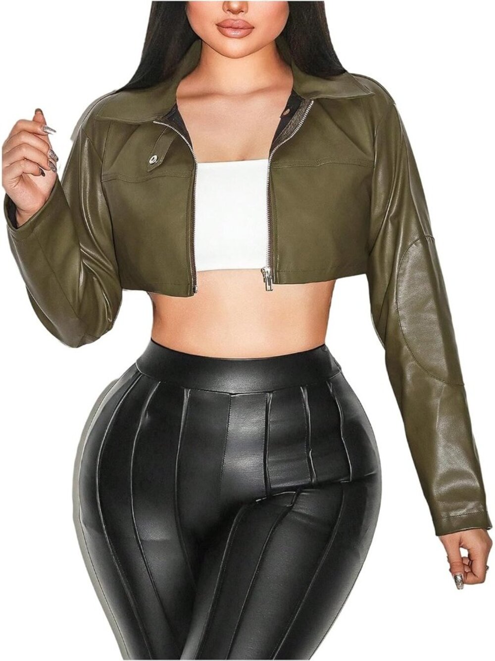 Women's Army Green Polyester Long Sleeve Y2k Casual Zip-up Outfit Regular Jacket